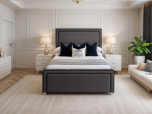 Hampton Black Bordered Panel Upholstered Bed Set with Floor Standing Headboard, Footboard & Storage Upgrade Option