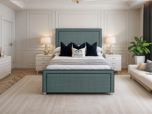 Hampton Black Bordered Panel Upholstered Bed Set with Floor Standing Headboard, Footboard & Storage Upgrade Option