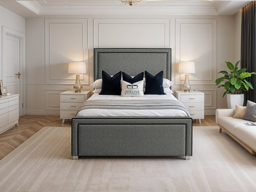 Hampton Black Bordered Panel Upholstered Bed Set with Floor Standing Headboard, Footboard & Storage Upgrade Option