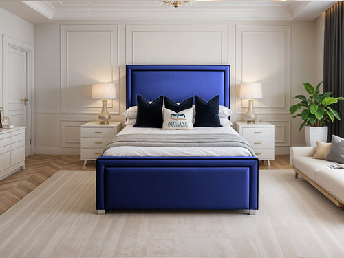 Hampton Black Bordered Panel Upholstered Bed Set with Floor Standing Headboard, Footboard & Storage Upgrade Option