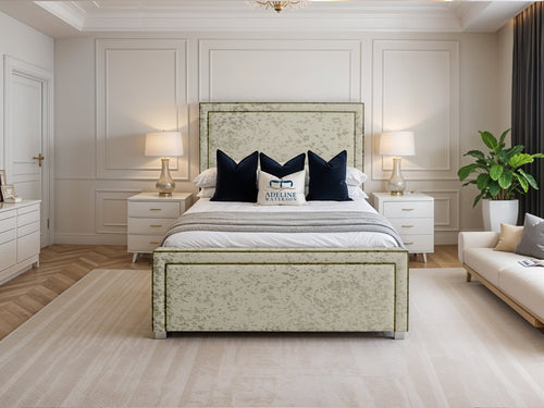 Hampton Black Bordered Panel Upholstered Bed Set with Floor Standing Headboard, Footboard & Storage Upgrade Option