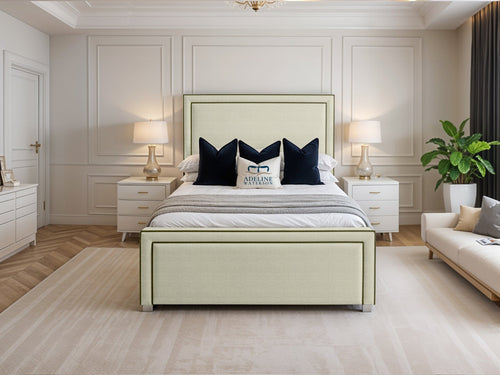 Hampton Black Bordered Panel Upholstered Bed Set with Floor Standing Headboard, Footboard & Storage Upgrade Option