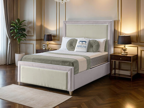 Hampton Bordered Panel Two-Tone Fabric Bed Set with Floor Standing Headboard, Footboard & Storage Upgrade Option