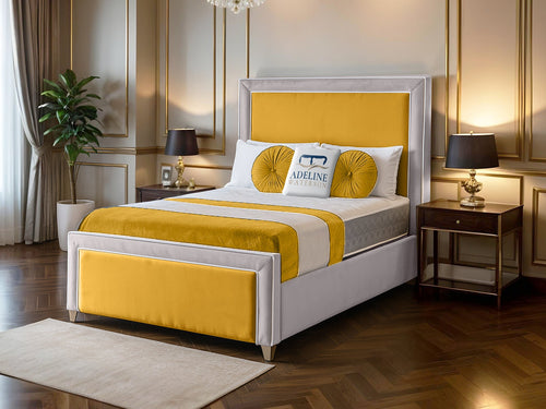 Hampton Bordered Panel Two-Tone Fabric Bed Set with Floor Standing Headboard, Footboard & Storage Upgrade Option