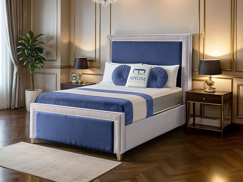 Hampton Bordered Panel Two-Tone Fabric Bed Set with Floor Standing Headboard, Footboard & Storage Upgrade Option