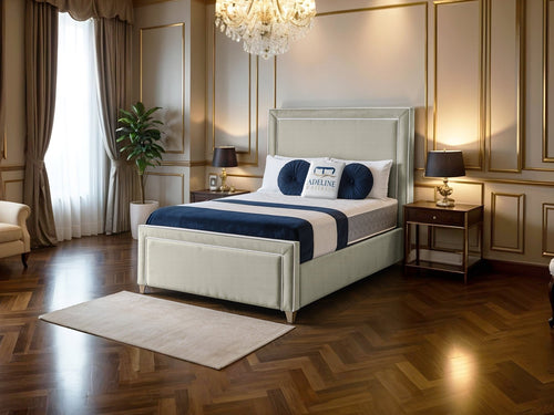 Hampton Panel Upholstered Bed Set with Floor Standing Headboard, Footboard & Storage Upgrade Option