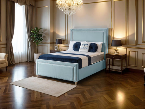 Hampton Panel Upholstered Bed Set with Floor Standing Headboard, Footboard & Storage Upgrade Option