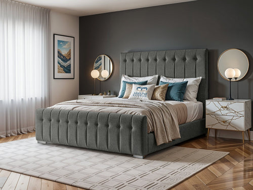 Harper Luxe Scalloped Vertical Channel Upholstered Bed Set with Floor Standing Headboard, Footboard & Storage Upgrade Option