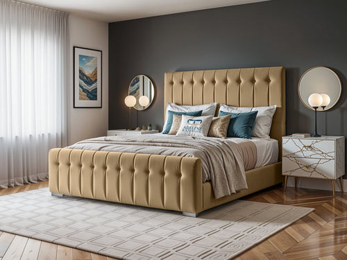 Harper Luxe Scalloped Vertical Channel Upholstered Bed Set with Floor Standing Headboard, Footboard & Storage Upgrade Option