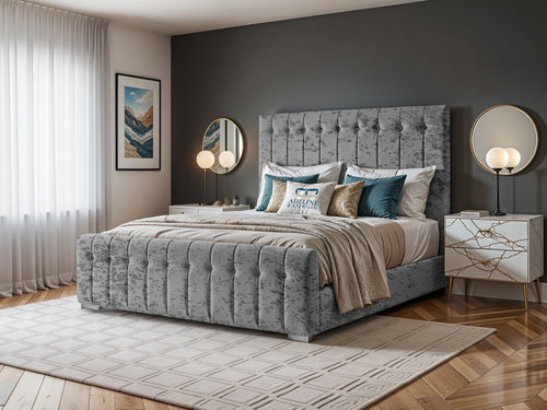 Harper Luxe Scalloped Vertical Channel Upholstered Bed Set with Floor Standing Headboard, Footboard & Storage Upgrade Option