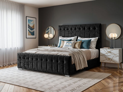 Harper Luxe Scalloped Vertical Channel Upholstered Bed Set with Floor Standing Headboard, Footboard & Storage Upgrade Option