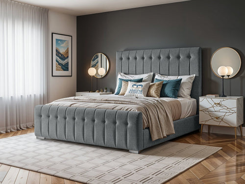 Harper Luxe Scalloped Vertical Channel Upholstered Bed Set with Floor Standing Headboard, Footboard & Storage Upgrade Option