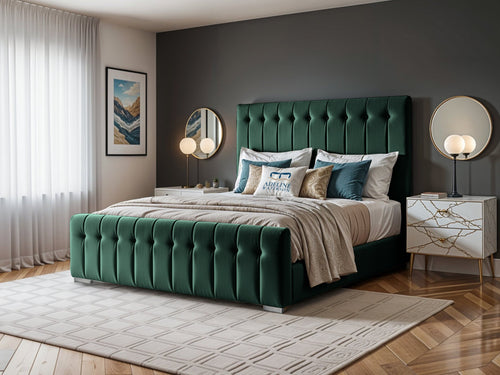 Harper Luxe Scalloped Vertical Channel Upholstered Bed Set with Floor Standing Headboard, Footboard & Storage Upgrade Option