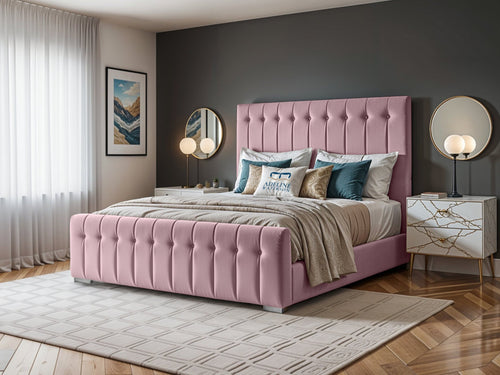 Harper Luxe Scalloped Vertical Channel Upholstered Bed Set with Floor Standing Headboard, Footboard & Storage Upgrade Option