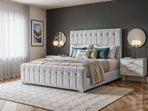 Harper Luxe Scalloped Vertical Channel Upholstered Bed Set with Floor Standing Headboard, Footboard & Storage Upgrade Option