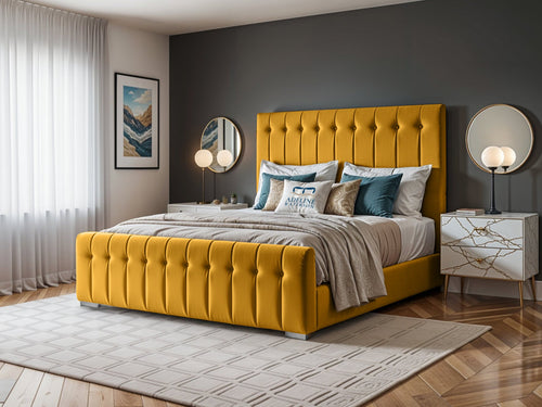Harper Luxe Scalloped Vertical Channel Upholstered Bed Set with Floor Standing Headboard, Footboard & Storage Upgrade Option