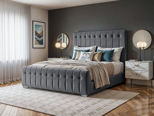 Harper Luxe Scalloped Vertical Channel Upholstered Bed Set with Floor Standing Headboard, Footboard & Storage Upgrade Option