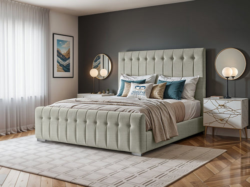 Harper Luxe Scalloped Vertical Channel Upholstered Bed Set with Floor Standing Headboard, Footboard & Storage Upgrade Option