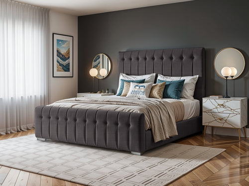 Harper Luxe Scalloped Vertical Channel Upholstered Bed Set with Floor Standing Headboard, Footboard & Storage Upgrade Option