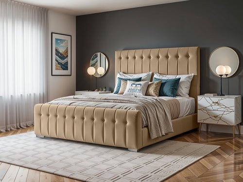 Harper Luxe Scalloped Vertical Channel Upholstered Bed Set with Floor Standing Headboard, Footboard & Storage Upgrade Option