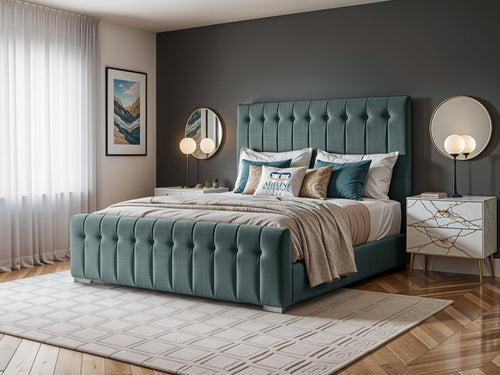 Harper Luxe Scalloped Vertical Channel Upholstered Bed Set with Floor Standing Headboard, Footboard & Storage Upgrade Option