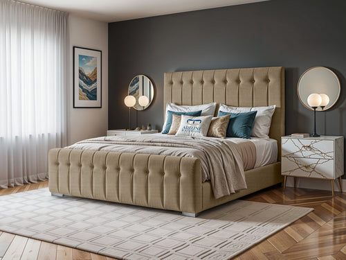 Harper Luxe Scalloped Vertical Channel Upholstered Bed Set with Floor Standing Headboard, Footboard & Storage Upgrade Option