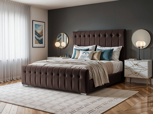 Harper Luxe Scalloped Vertical Channel Upholstered Bed Set with Floor Standing Headboard, Footboard & Storage Upgrade Option