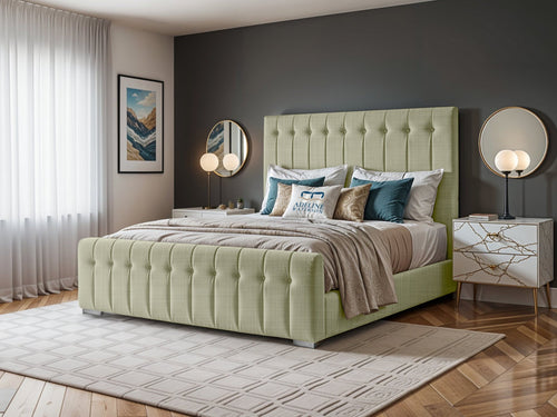 Harper Luxe Scalloped Vertical Channel Upholstered Bed Set with Floor Standing Headboard, Footboard & Storage Upgrade Option