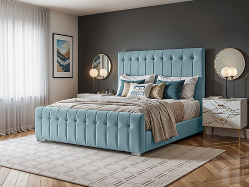 Harper Luxe Scalloped Vertical Channel Upholstered Bed Set with Floor Standing Headboard, Footboard & Storage Upgrade Option