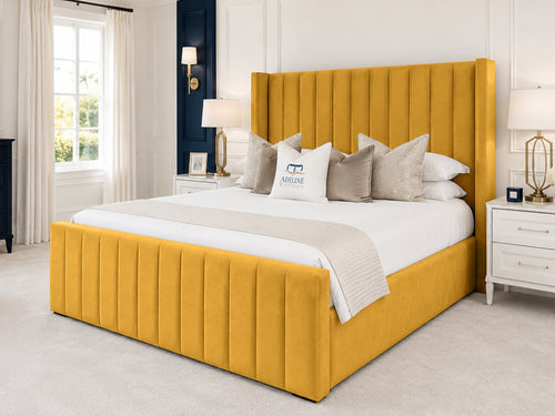 Hartwell Wing Channel Upholstered Bed Set with Floor Standing Headboard, Footboard & Storage Upgrade Option