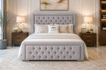 Silver Plush Velvet - Hilton Button-Tufted Wingback Upholstered Bed Set with Floor Standing Headboard, Footboard & Storage Upgrade Option