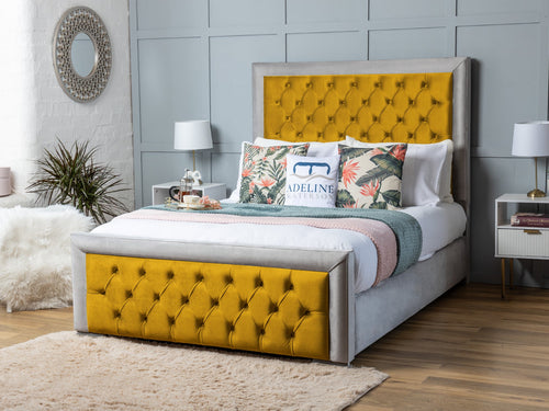 Hilton Button-Tufted Duo Fabric Bed Set with Floor Standing Headboard, Footboard & Storage Upgrade Option