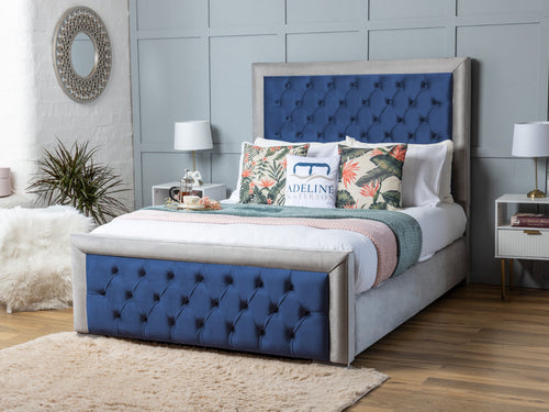 Hilton Button-Tufted Duo Fabric Bed Set with Floor Standing Headboard, Footboard & Storage Upgrade Option
