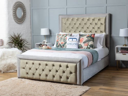 Hilton Button-Tufted Duo Fabric Bed Set with Floor Standing Headboard, Footboard & Storage Upgrade Option