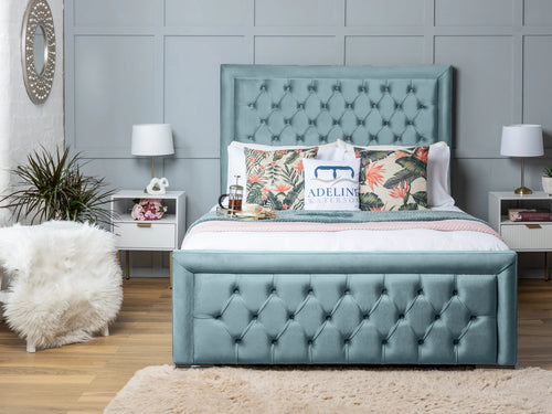 Hilton Button-Tufted Wingback Upholstered Bed Set with Floor Standing Headboard, Footboard & Storage Upgrade Option