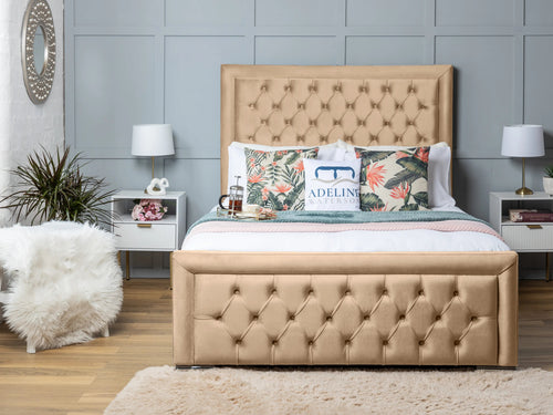 Hilton Button-Tufted Wingback Upholstered Bed Set with Floor Standing Headboard, Footboard & Storage Upgrade Option