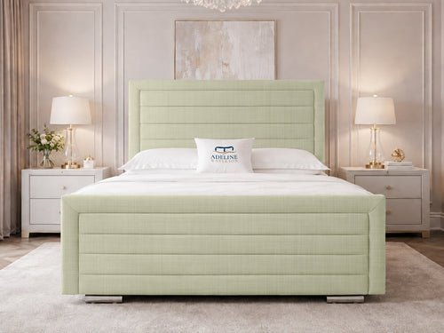 Horizon Stripe Upholstered Bed Set with Floor Standing Headboard, Footboard & Storage Upgrade Option