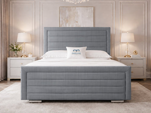 Horizon Stripe Upholstered Bed Set with Floor Standing Headboard, Footboard & Storage Upgrade Option