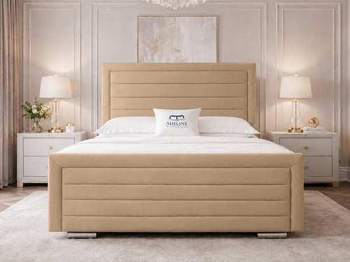 Horizon Stripe Upholstered Bed Set with Floor Standing Headboard, Footboard & Storage Upgrade Option