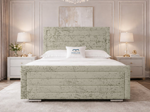 Horizon Stripe Upholstered Bed Set with Floor Standing Headboard, Footboard & Storage Upgrade Option