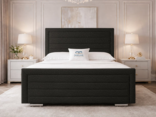 Horizon Stripe Upholstered Bed Set with Floor Standing Headboard, Footboard & Storage Upgrade Option