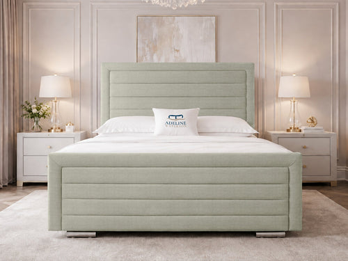 Horizon Stripe Upholstered Bed Set with Floor Standing Headboard, Footboard & Storage Upgrade Option