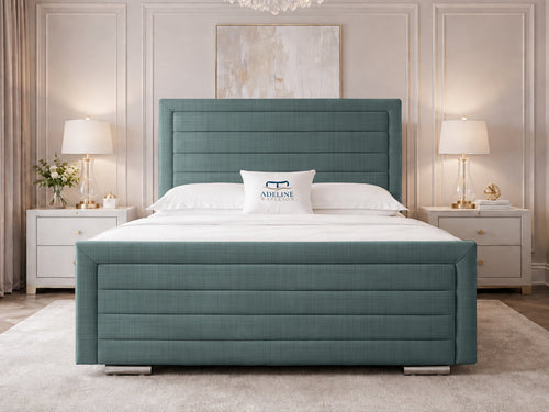 Horizon Stripe Upholstered Bed Set with Floor Standing Headboard, Footboard & Storage Upgrade Option