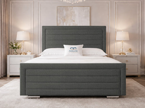 Horizon Stripe Upholstered Bed Set with Floor Standing Headboard, Footboard & Storage Upgrade Option