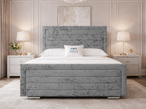 Horizon Stripe Upholstered Bed Set with Floor Standing Headboard, Footboard & Storage Upgrade Option