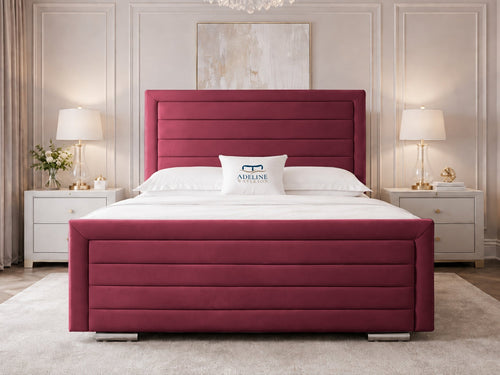 Horizon Stripe Upholstered Bed Set with Floor Standing Headboard, Footboard & Storage Upgrade Option