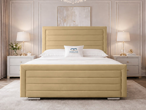 Horizon Stripe Upholstered Bed Set with Floor Standing Headboard, Footboard & Storage Upgrade Option