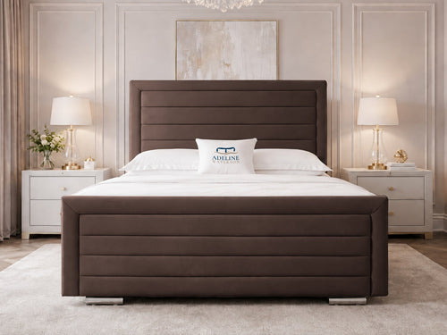Horizon Stripe Upholstered Bed Set with Floor Standing Headboard, Footboard & Storage Upgrade Option