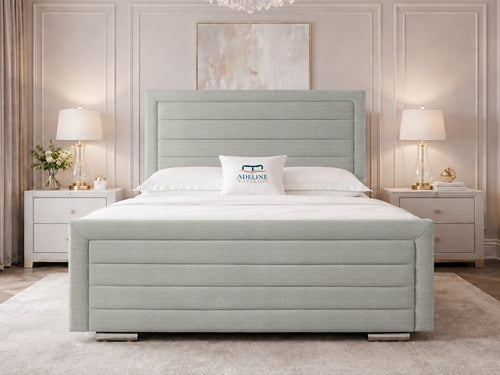 Horizon Stripe Upholstered Bed Set with Floor Standing Headboard, Footboard & Storage Upgrade Option