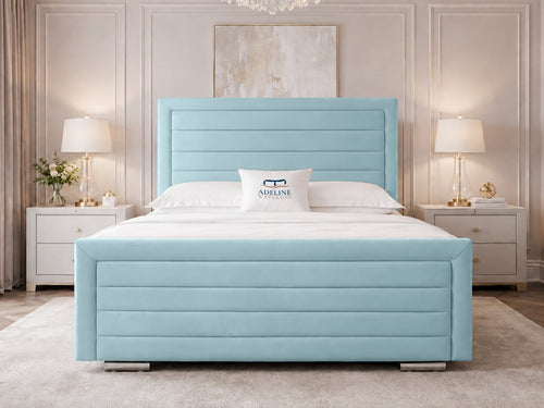 Horizon Stripe Upholstered Bed Set with Floor Standing Headboard, Footboard & Storage Upgrade Option